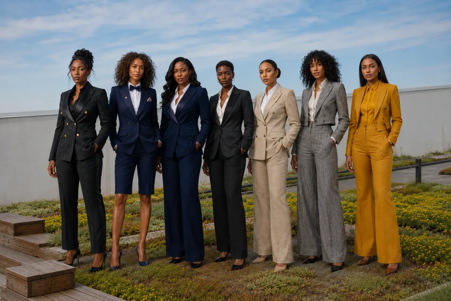 Seven women in Saint London tailoring on a rooftop terrace