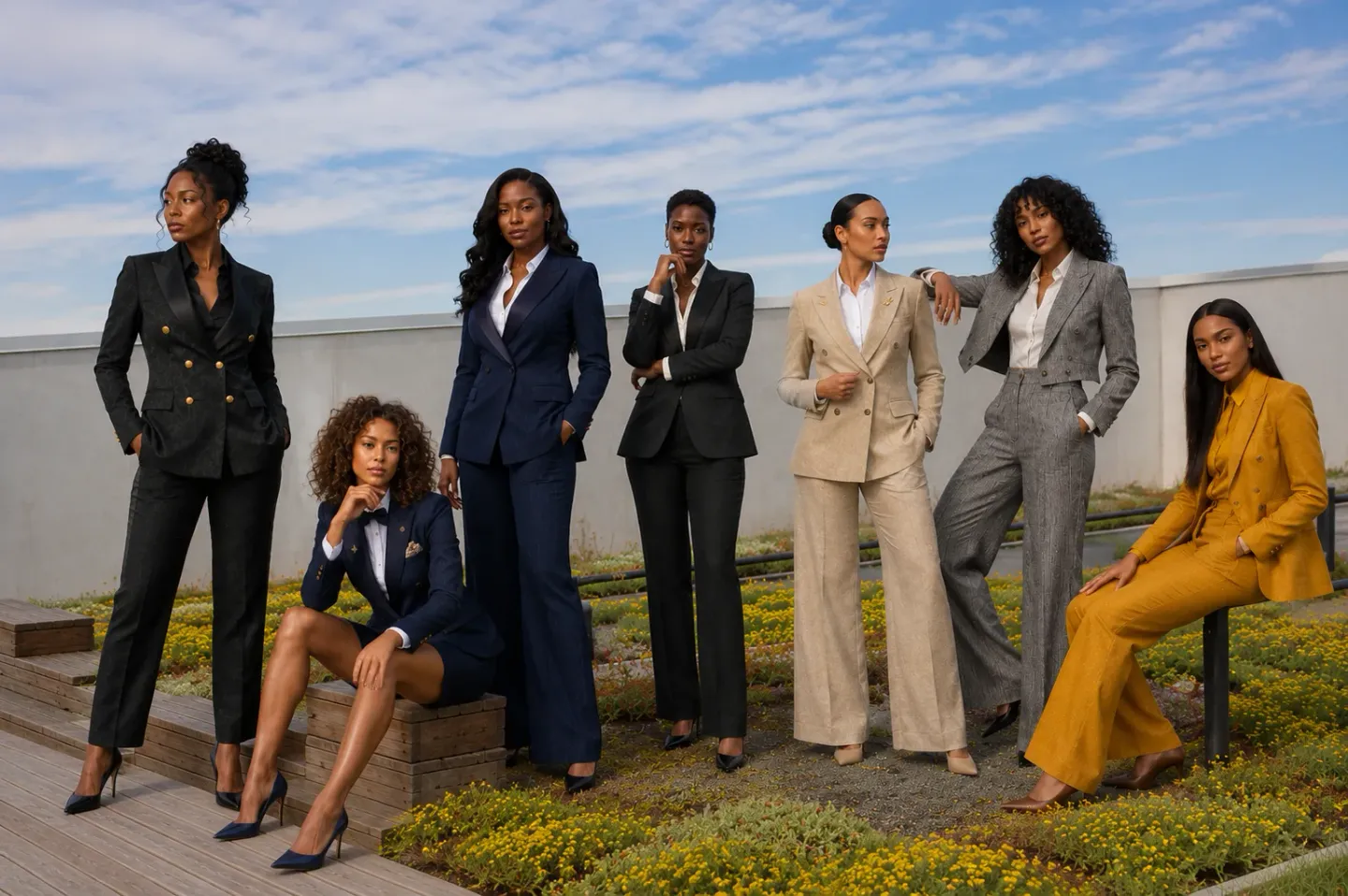 Seven women in Saint London tailoring, rooftop terrace